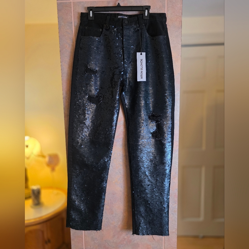 Neon Blonde X Free People .Lazy Lover Dusty Black Sequined Jeans. SZ 29. NWT.